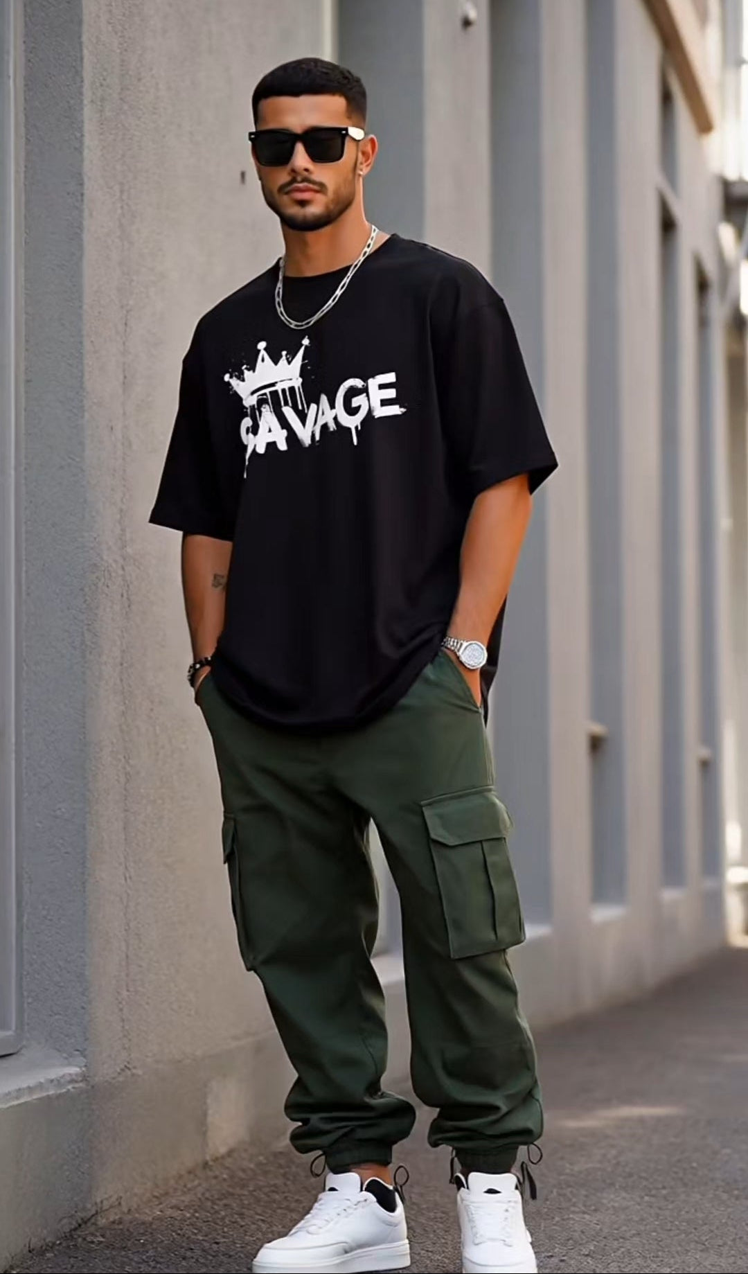 Man wearing a black 'SAVAGE' t-shirt, green cargo pants, and white sneakers standing against a gray wall.