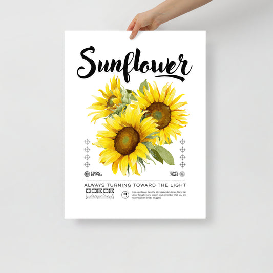 Poster with sunflower design and text on a white background