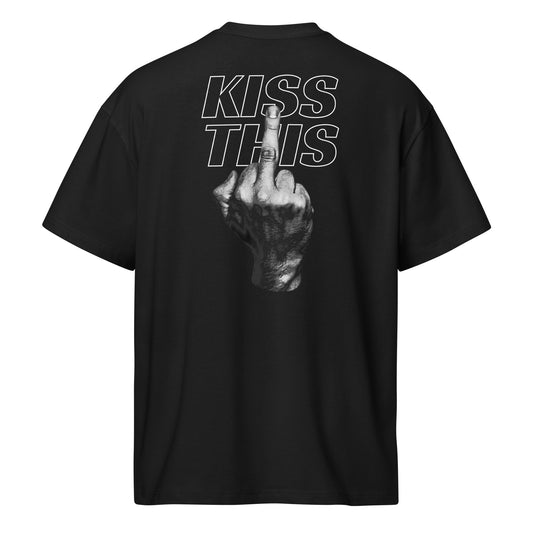 Black t-shirt with graphic design and text on the back