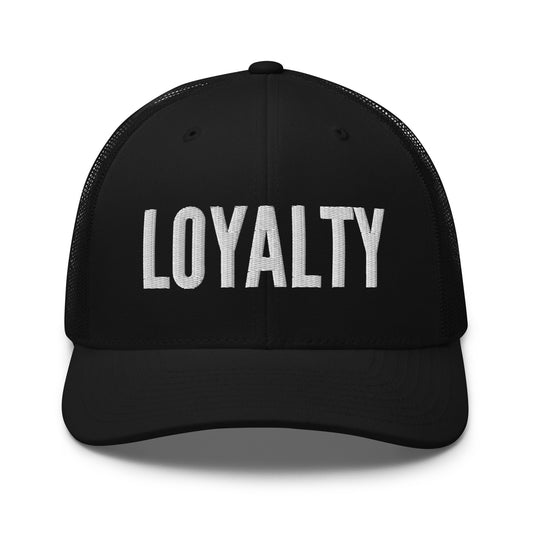 Black cap with 'LOYALTY' printed on it against a white background