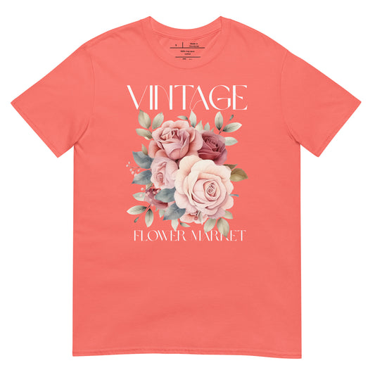 Coral t-shirt with floral design and 'Vintage Flower Market' text on a white background