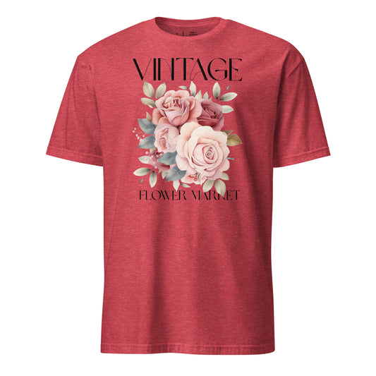 Red t-shirt with floral design and text on a white background