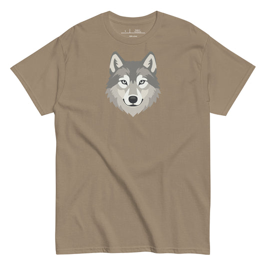 Brown t-shirt with a wolf graphic on a white background