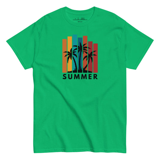 Green t-shirt with 'Summer' and palm tree design on a white background