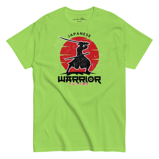 Green t-shirt with a black and red graphic of a warrior and 'Japanese Warrior' text on a white background