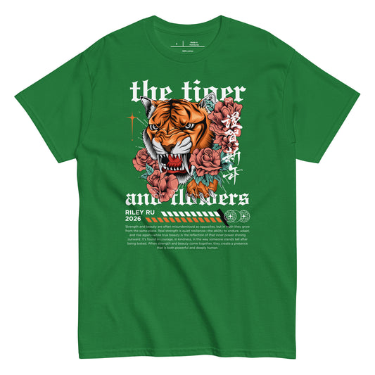 Green t-shirt with a tiger and floral design on a white background