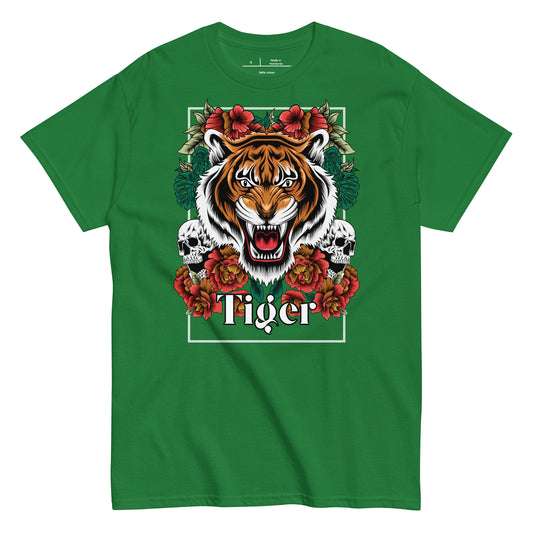 Green t-shirt with a tiger graphic design featuring flowers and skulls on a white background