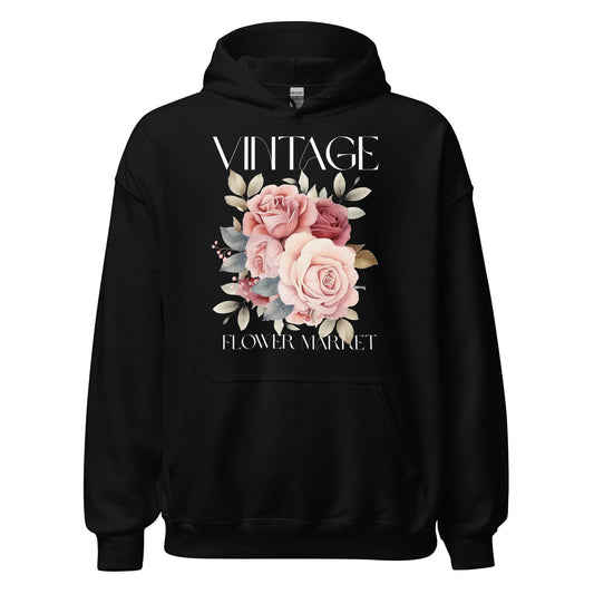 Black hoodie with floral design and text on a white background