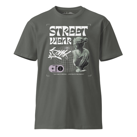 Gray t-shirt with graphic design and text on a white background