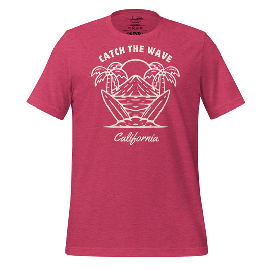 Red t-shirt with white text on a white background
