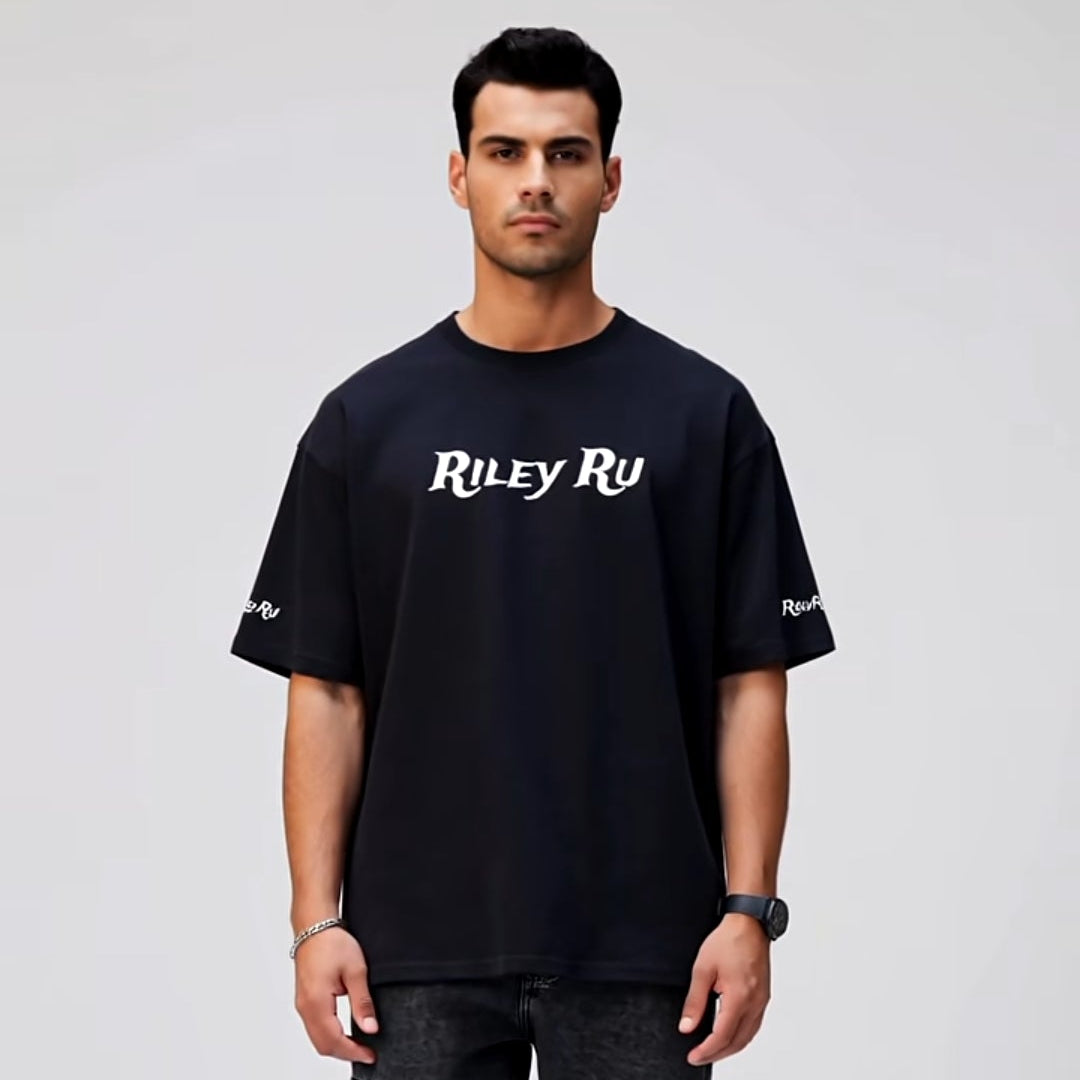 Person wearing a black t-shirt with 'Riley Ru' logo on a white background