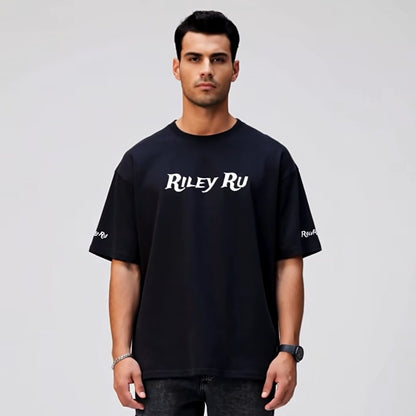 Person wearing a black t-shirt with 'Riley Ru' logo on a white background