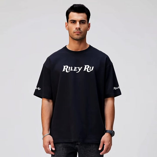 Person wearing a black t-shirt with 'Riley Ru' logo on a white background