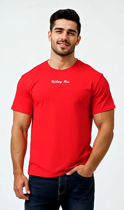 Man wearing a red t-shirt with white text on a white background