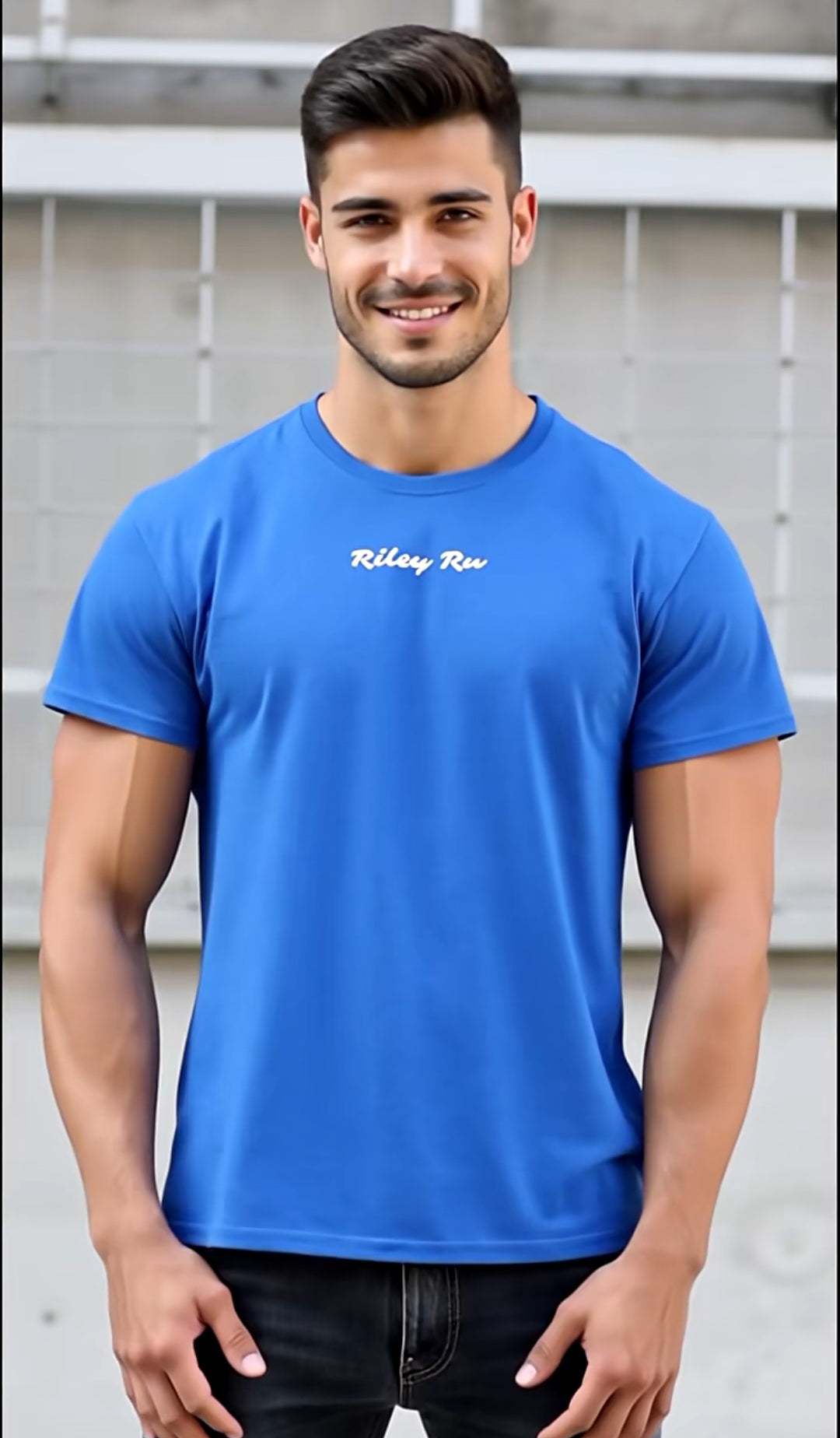 Man wearing a blue t-shirt with 'Riley Run' text against a gray background