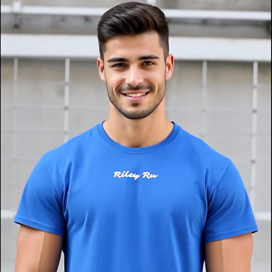 Man wearing a blue t-shirt with 'Riley Run' text against a gray background