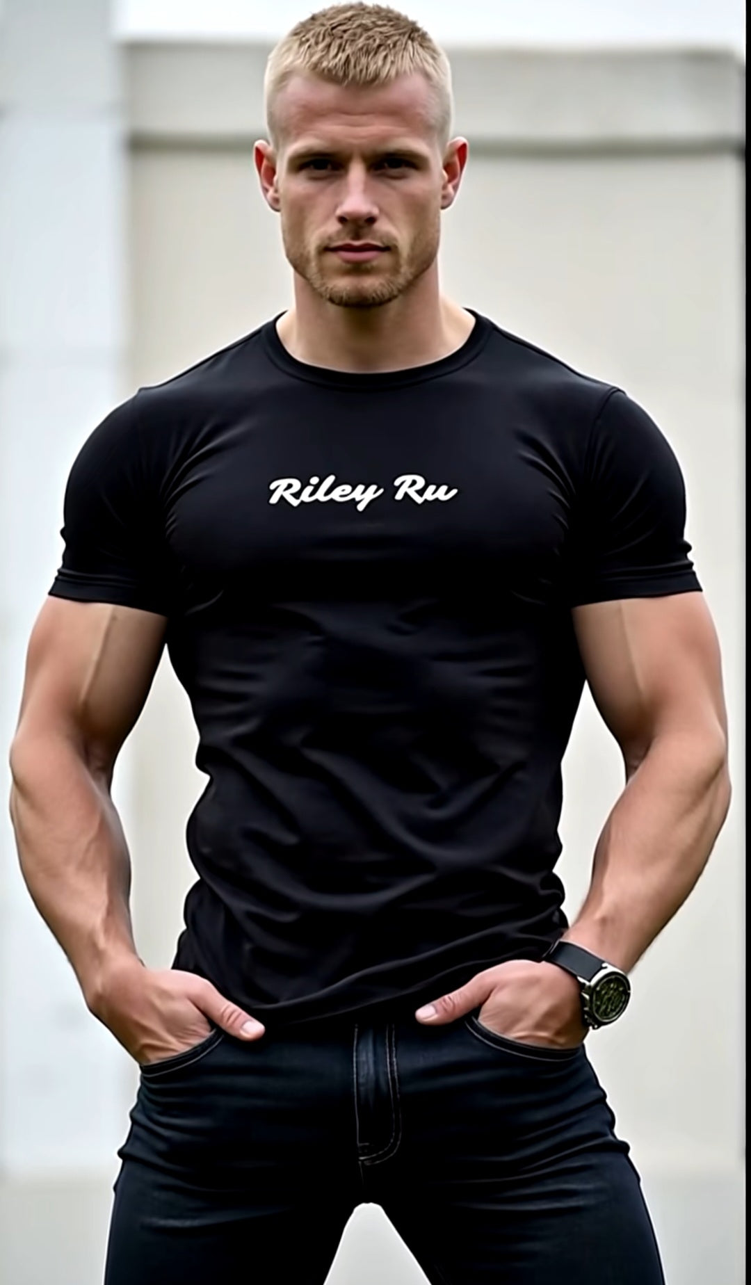 Man wearing a black t-shirt with 'Riley Ru' text, standing against a neutral background