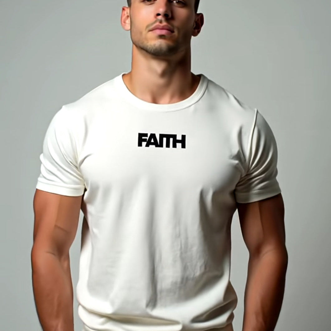 Man wearing a white t-shirt with 'FAITH' text on a gray background