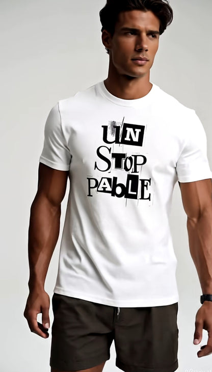 Man wearing a white t-shirt with 'UNSTOPPABLE' text on a plain background