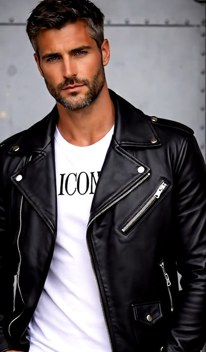 Man wearing a black leather jacket over a white t-shirt with 'ICON' text.