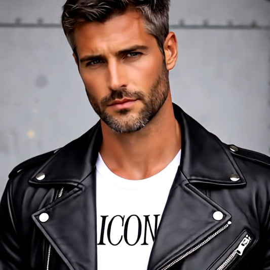 Man wearing a black leather jacket over a white t-shirt with 'ICON' text.