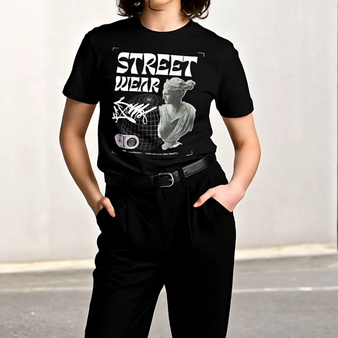 Person wearing a black 'Street Wear' t-shirt with graphic design on a plain background