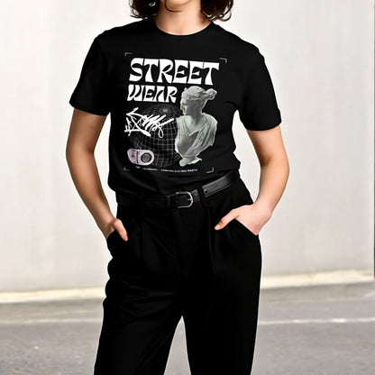 Person wearing a black 'Street Wear' t-shirt with graphic design on a plain background