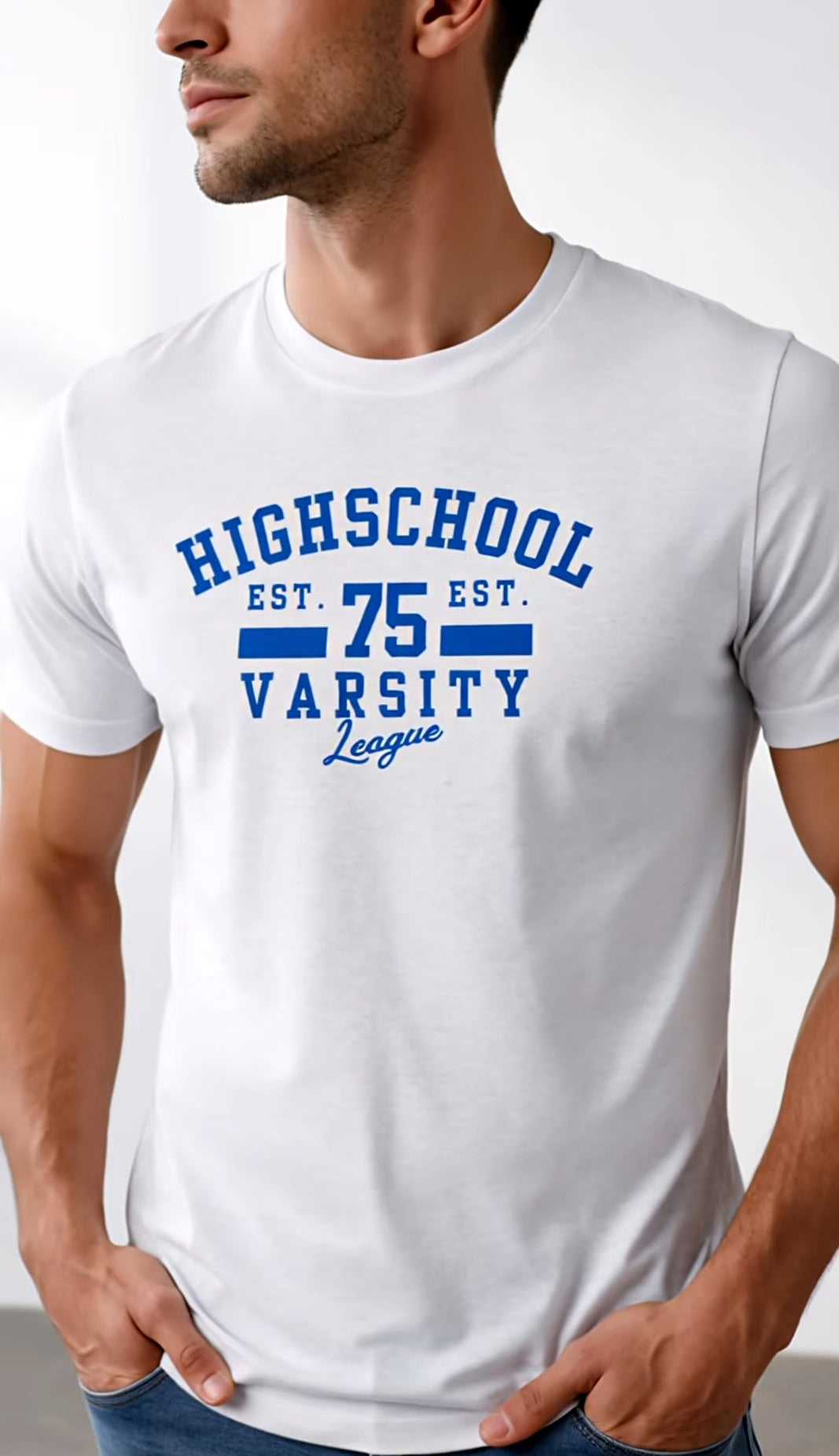 White t-shirt with blue and black text worn by a person on a white background