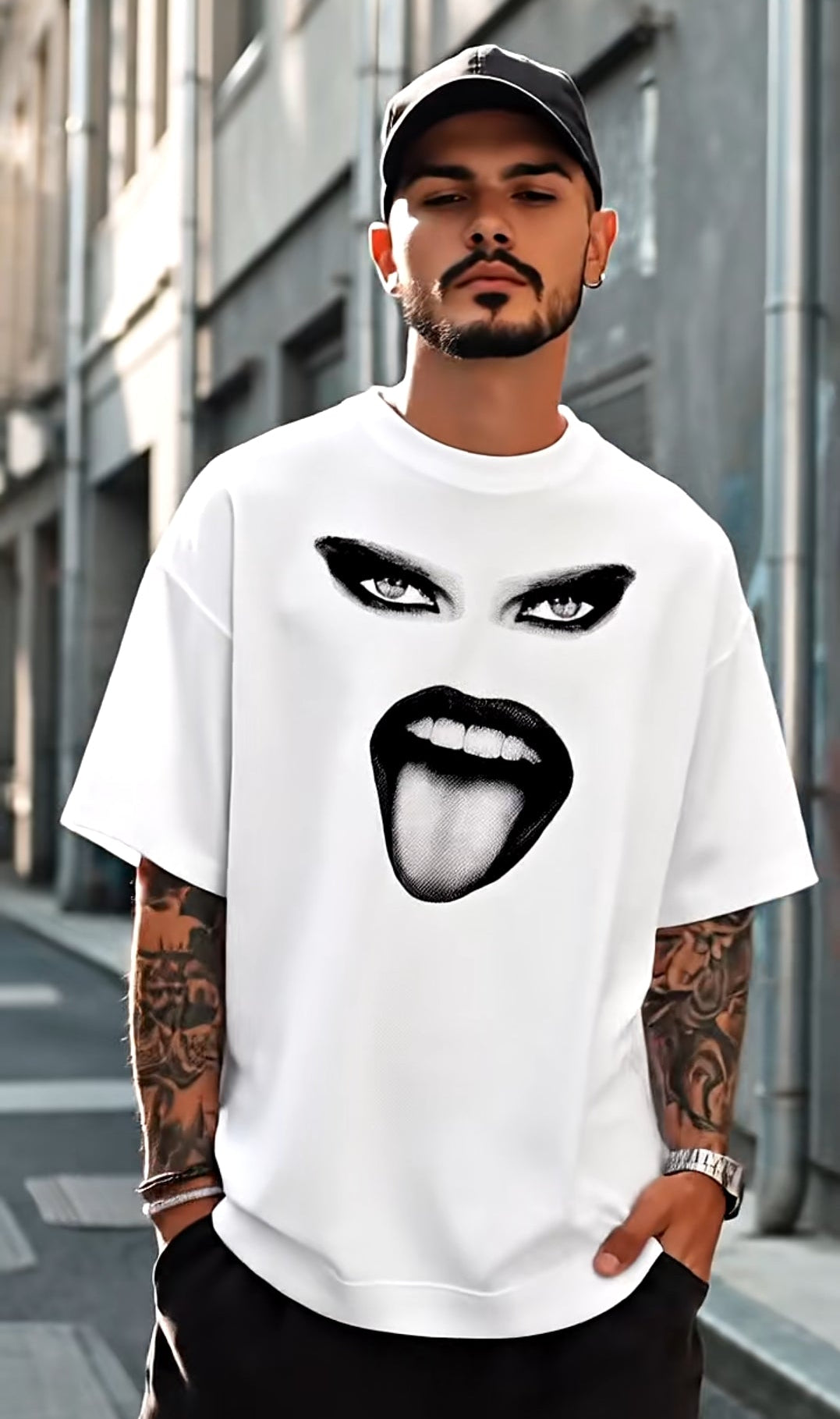 Man wearing a white t-shirt with a graphic design of a mouth and eyes on a city street.