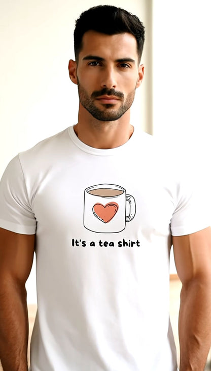 Man wearing a white t-shirt with a graphic of a teacup and heart, text 'It's a tea shirt', on a plain background.