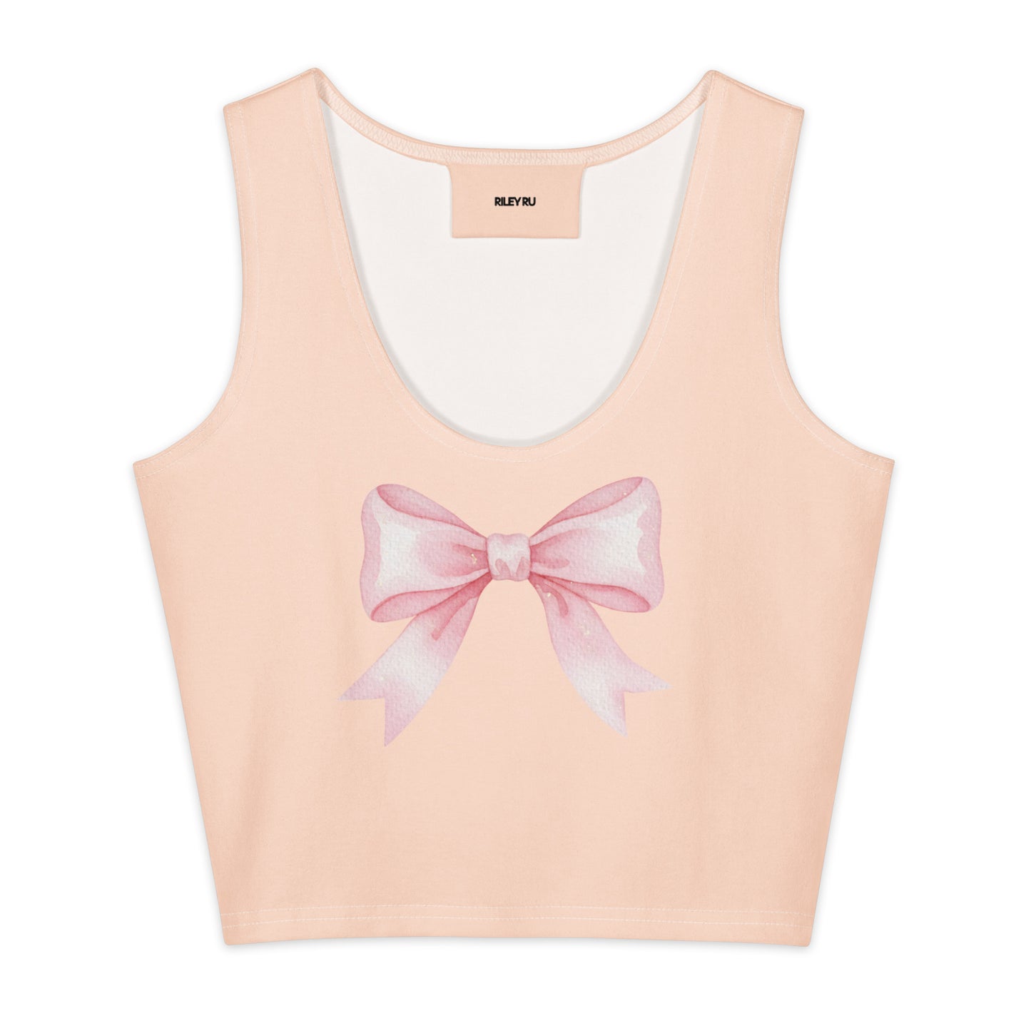 Pink tank top with a large bow design on a white background