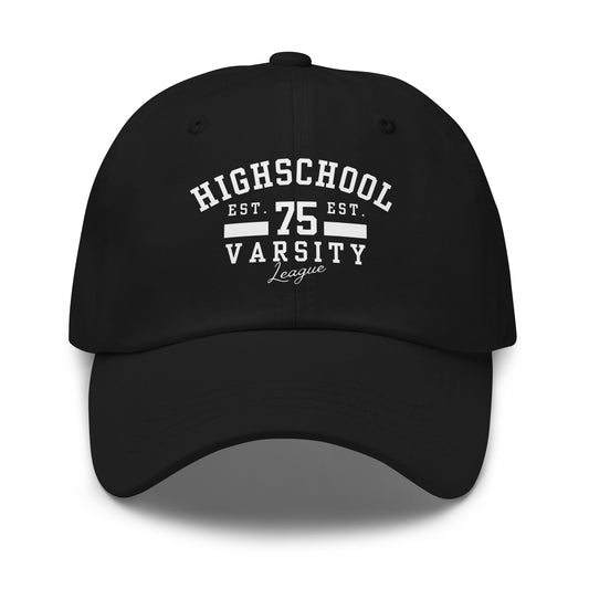 Black cap with 'HIGH SCHOOL VARSITY' on a white background