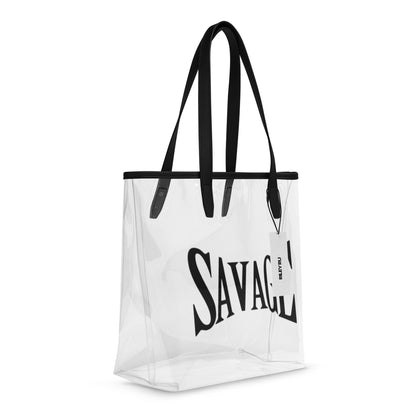 Clear tote bag with black handles and 'Savage' text on a white background