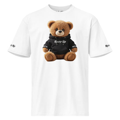 White t-shirt with a teddy bear wearing a black hoodie on a white background