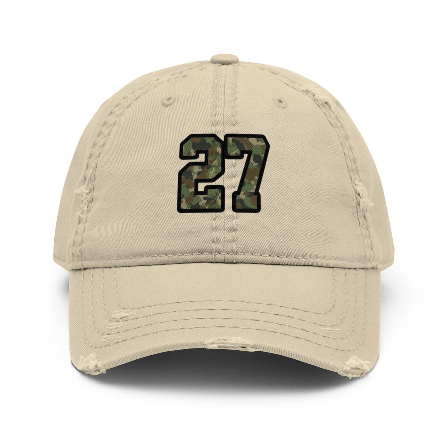 Beige cap with '27' embroidered in camouflage on a white background