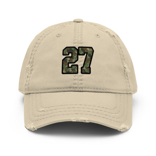 Beige cap with '27' embroidered in camouflage on a white background