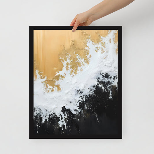 Framed abstract art with gold, white, and black colors on a white background