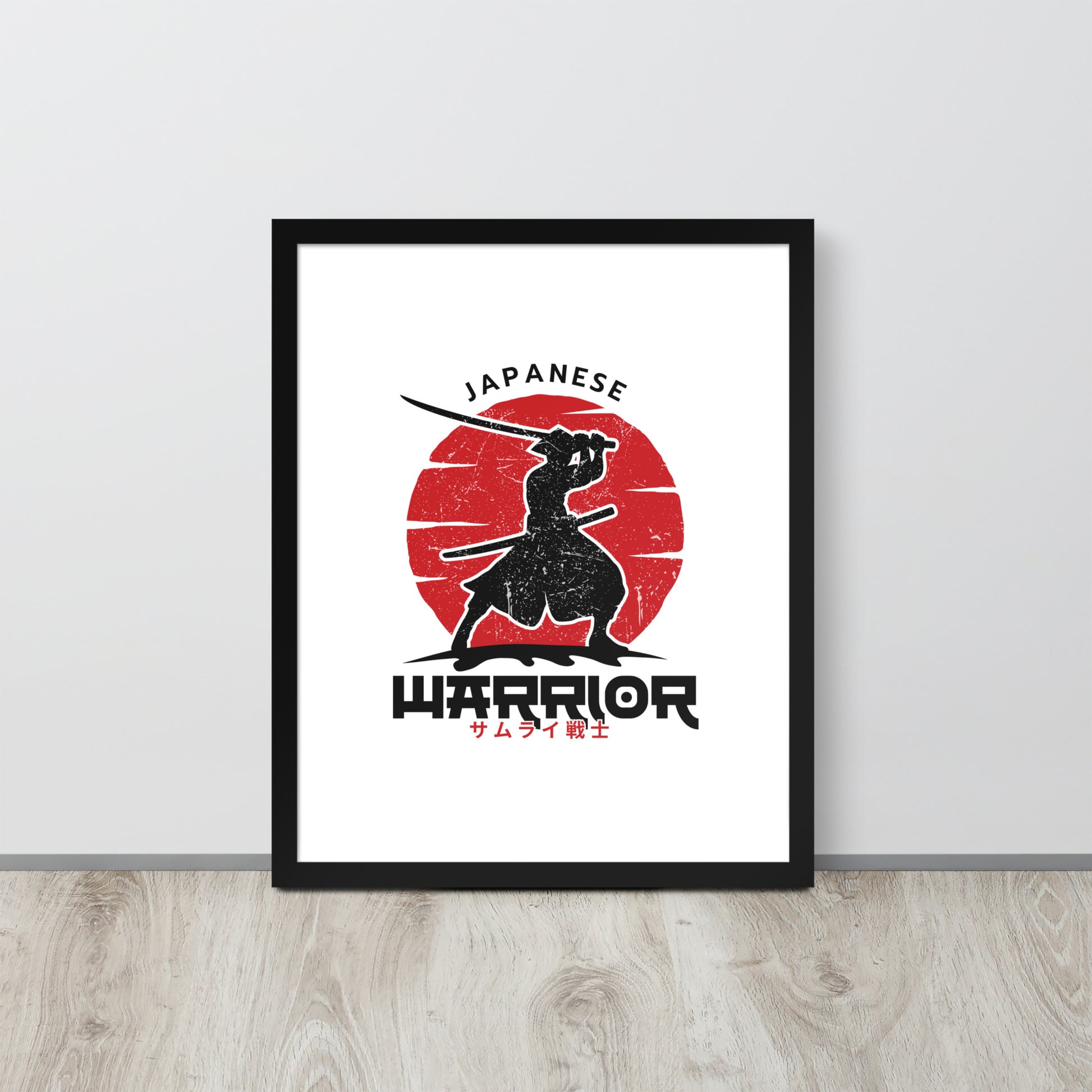 Framed poster with a silhouette of a warrior holding a sword against a red sun, with 'Japanese Warrior' text.