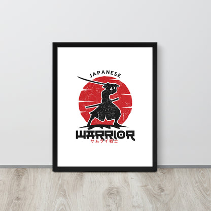 Framed poster with a silhouette of a warrior holding a sword against a red sun, with 'Japanese Warrior' text.