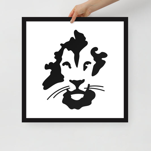 Framed black and white abstract art of a face on a light gray background