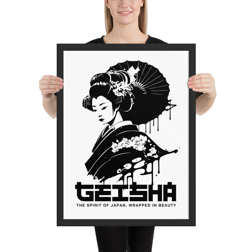 Person holding a framed poster of a geisha design with text 'Geisha' and 'The Spirit of Japan, Wrapped in Beauty'.
