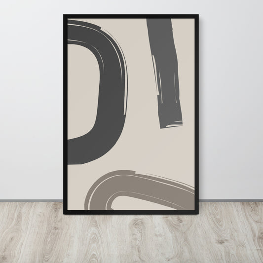 Framed abstract art print on a beige background with black and brown shapes.