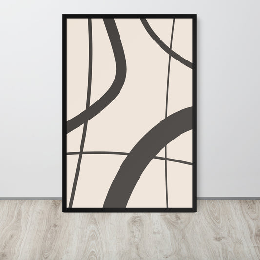 Abstract art print with black curved lines on a beige background, framed, on a light gray wall.