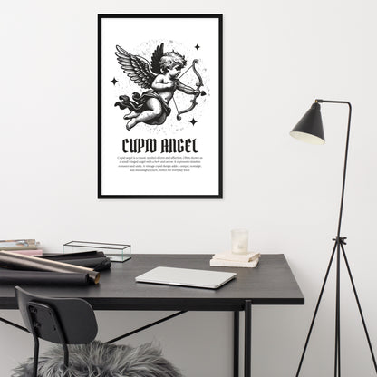 Framed artwork of Cupid Angel on a wall above a desk with office supplies.