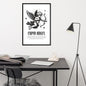 Framed artwork of Cupid Angel on a wall above a desk with office supplies.