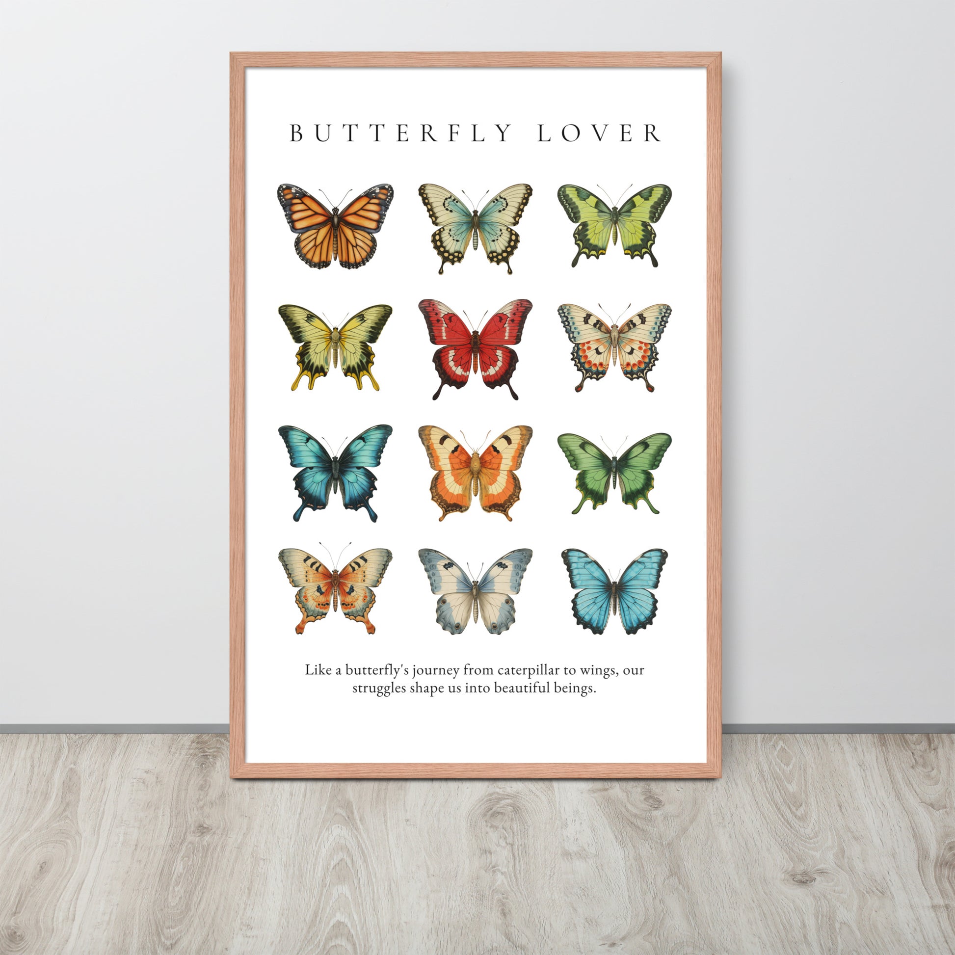 Framed poster with illustrations of butterflies and text on a white background
