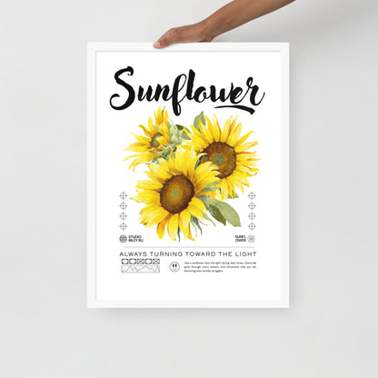 Poster with sunflower design and text on a white background