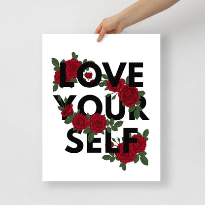 Poster with 'Love Yourself' text surrounded by red roses held by a hand on a white background