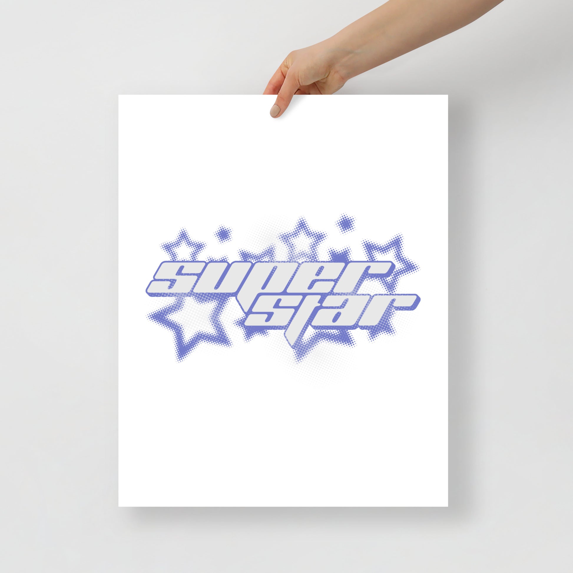 Poster with 'Super Star' design held by a hand on a white background
