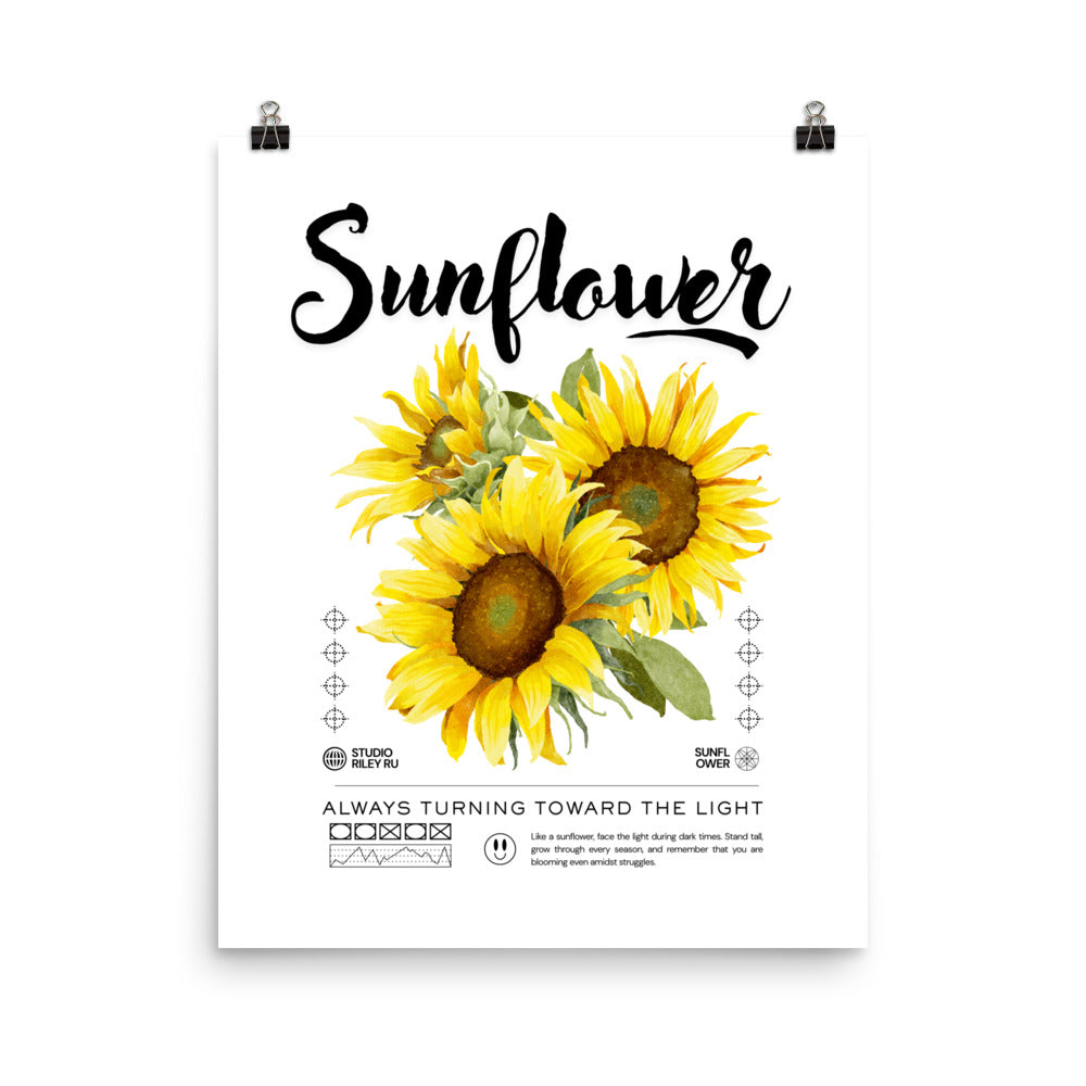 Poster with sunflowers and text on a white background